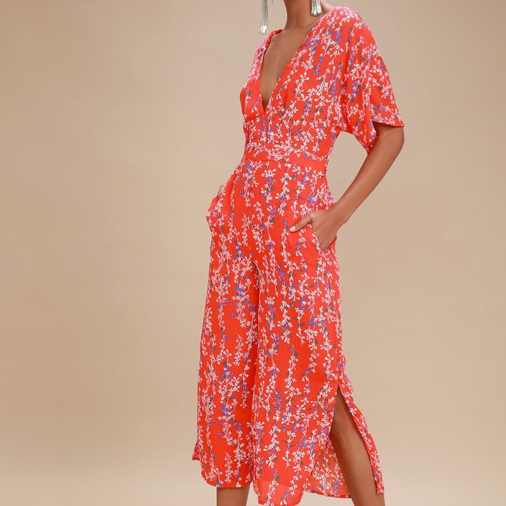 Fiore Coral Red Floral Print Backless Jumpsuit